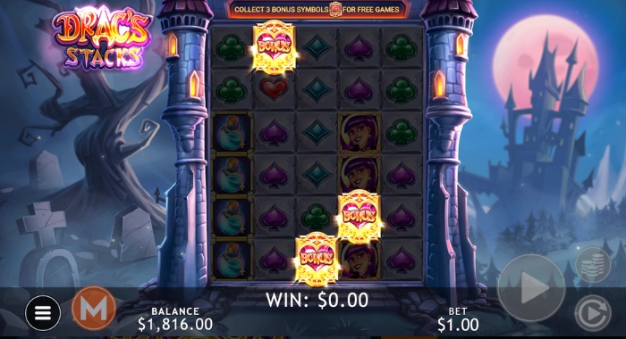 A slot machine screen displays a 5x3 grid with various symbols, highlighting three