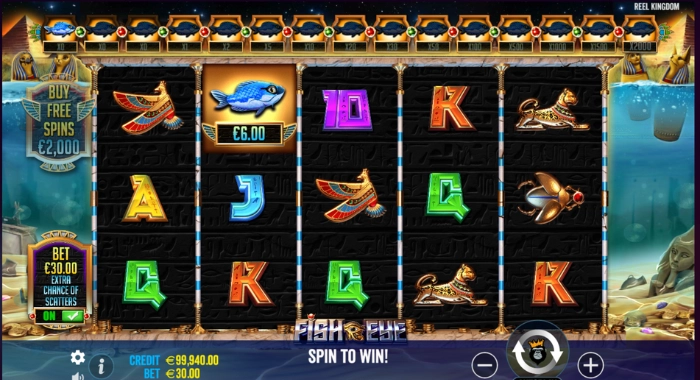 A Fish Eye slot game screenshot by Reel Kingdom shows a 5x3 reel grid with various symbols, including Eye of Horus symbols marked as SCATTER, alongside playing card symbols and fish symbols, with a
