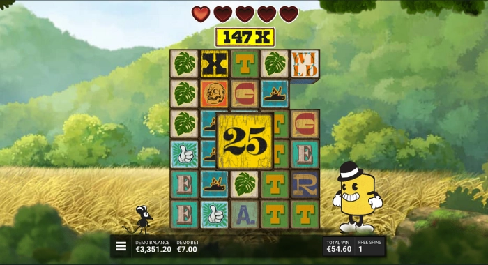 A cartoonish slot game screen with a 5x5 reel grid showing symbols like X, T, skull, leaf, and a yellow character, featuring a 147x multiplier, a €3,351.20 demo balance, a €7 bet, a €54.60 win, and 1 free spin, set against a blurred landscape background.