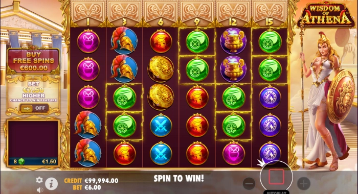 A Wisdom of Athena slot game screenshot shows a 6-reel layout with various symbols, including a