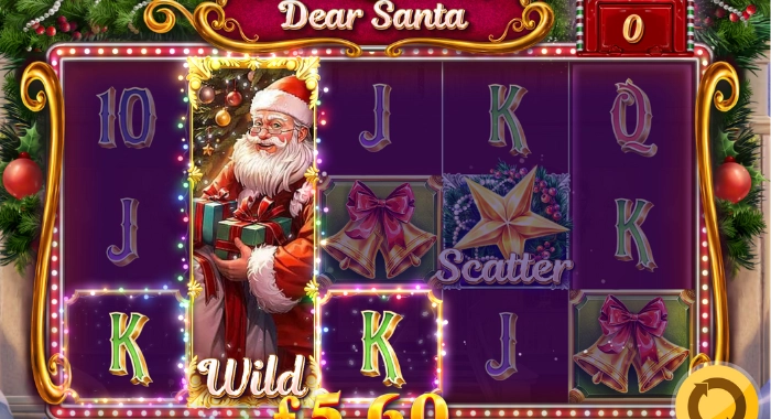 A Dear Santa slot game screenshot shows a 5-reel layout with a