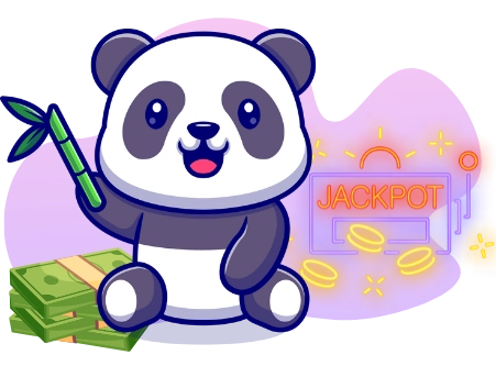 A happy cartoon panda holds a bamboo stalk next to a stack of money and a neon