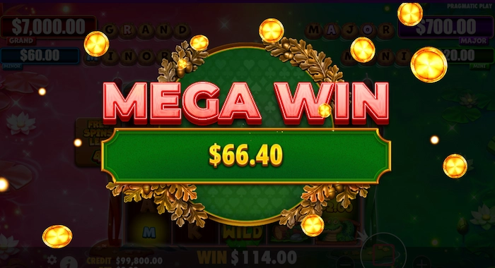 A screenshot of the Frog Fortunes slot game by Pragmatic Play, showing a