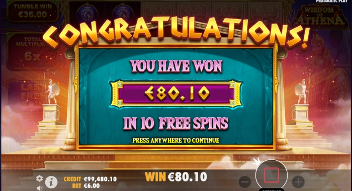 A Wisdom of Athena slot game screenshot shows a