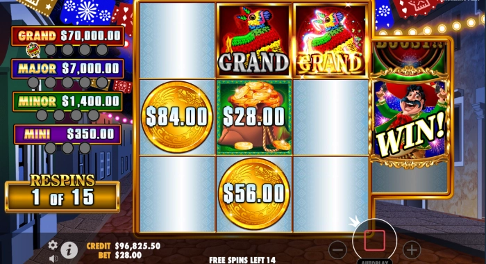 A slot machine screen displays a winning combination with a