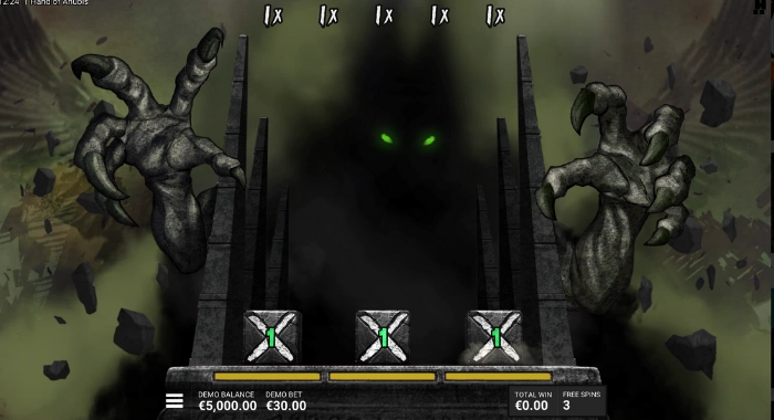 A screenshot of the Hand of Anubis slot game by Hacksaw Gaming, showing a dark, ominous scene with two large, clawing hands flanking a central shadowed area with glowing green eyes, and three