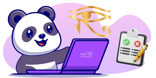 A cartoon panda works on a purple laptop with the "Revpanda" logo, beside a clipboard with a checklist and a pencil, and a golden Eye of Horus symbol above, all against a gray background.