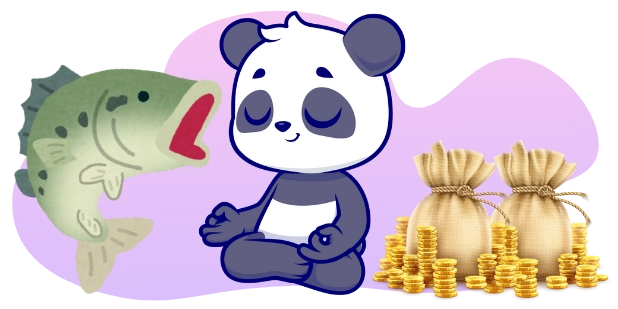A cartoon panda meditates in a lotus position, with a large, open-mouthed fish facing it and two burlap sacks filled with gold coins stacked beside it, all against a gray and purple background.