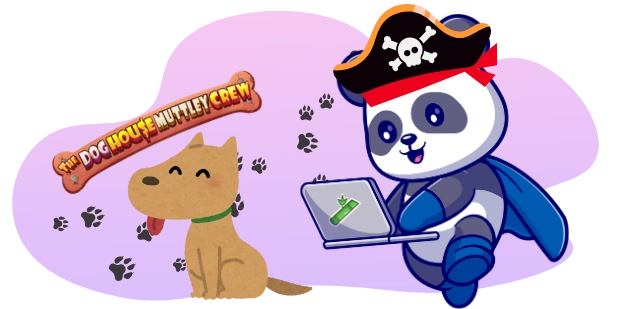 A pirate panda uses a laptop next to a small dog and a bone-shaped speech bubble with the text "THE DOG HOUSE MUTTLEY CREW," surrounded by paw prints.