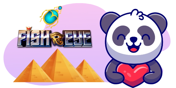 A cartoon panda with a happy expression holds a red heart, beside the "Fish Eye" logo with an Egyptian-themed font and an Eye of Horus symbol, with a scarab beetle above and three pyramids below, all against a gray and purple background.