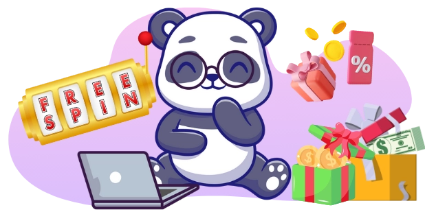 A cartoon panda wearing glasses sits with a laptop, beside a gold "FREE SPIN" vault machine with a red knob, with floating gold coins and a pile of gift boxes wrapped in pink and green, all against a gray and purple background.