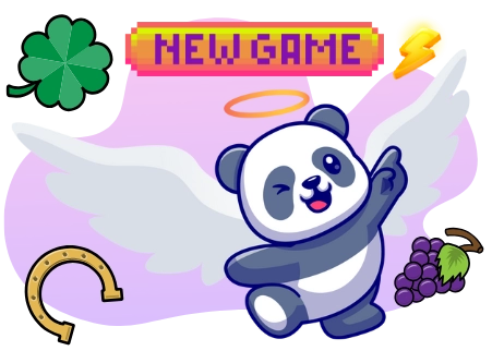 A winking cartoon panda with angel wings and a halo points towards a