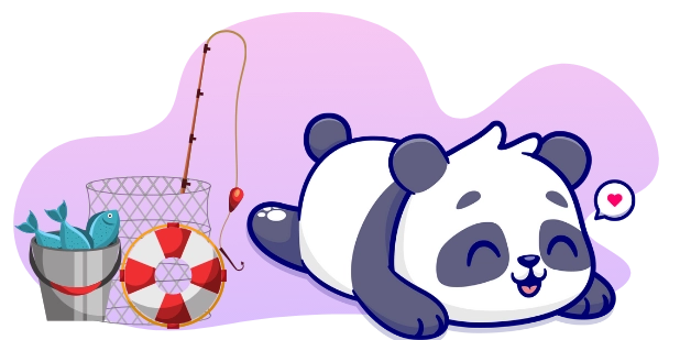 A cartoon panda with a content expression lies on its stomach, with a thought bubble showing a heart, beside a fishing rod, a life preserver, a bucket with two fish, and a fishing net, all against a gray and purple background.