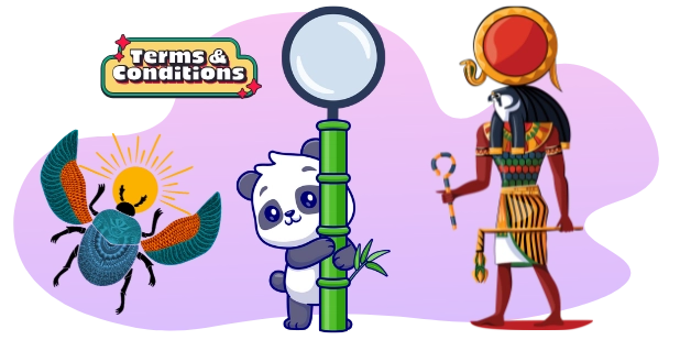 A cartoon panda peeks out from behind a tall, green and blue magnifying glass that rests on a green base, with a "Terms & Conditions" sign above, while a scarab beetle with outstretched wings hovers to the left and a figure resembling an Egyptian god stands to the right, all against a gray and purple background.