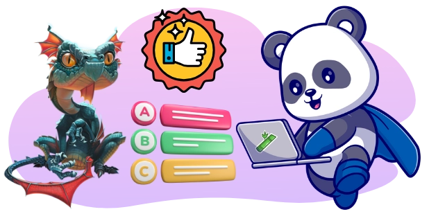 A cartoon panda wearing a blue cape works on a laptop with a green leaf logo, beside a dragon character on the left and a "BEST CHOICE" badge with a thumbs-up icon, with three colorful options labeled A, B, and C below, all against a gray and purple background.