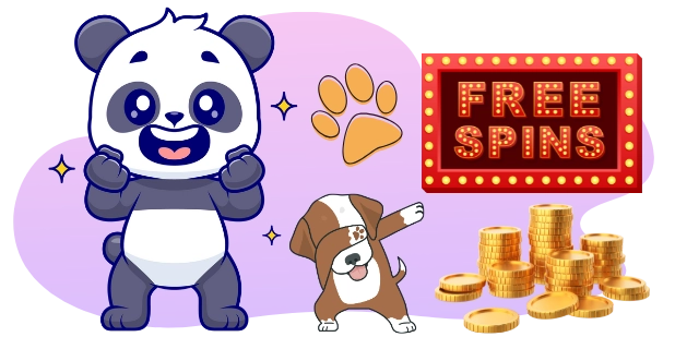 A cartoon panda with a joyful expression stands beside a "FREE SPINS" sign, with a dog performing a dab pose below a paw print and stacks of gold coins to the right, all against a gray and purple background.