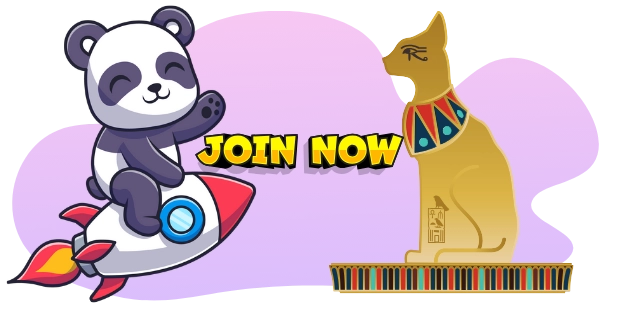 A cartoon panda waves while riding a rocket ship, next to a yellow "JOIN NOW" sign, with a golden statue of a cat in Egyptian attire standing on a striped pedestal, all against a gray and purple background.