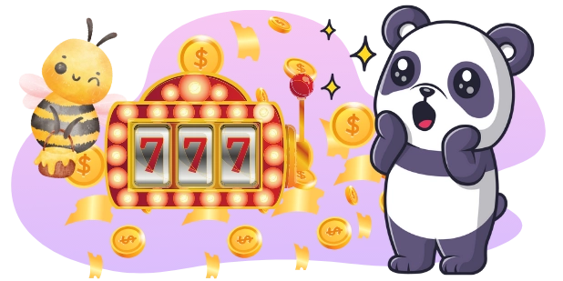 A cartoon panda reacts excitedly with an open mouth and raised hands to a slot machine displaying three "7" symbols, while a sad-looking bee clings to a '
</div>
<div class=