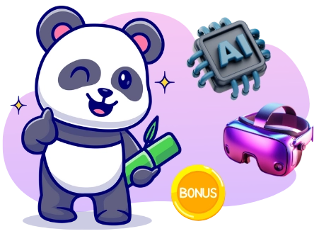 A winking cartoon panda gives a thumbs up while holding a bamboo stalk, with an AI chip, a VR headset, and a