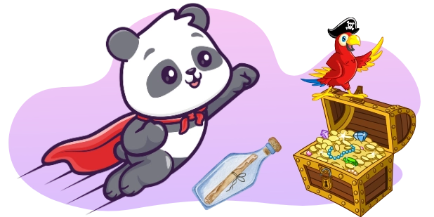 A cartoon panda wearing a red cape flies next to a message in a bottle and a treasure chest overflowing with gold coins and jewels, while a pirate parrot stands on the chest, all against a gray and purple background.