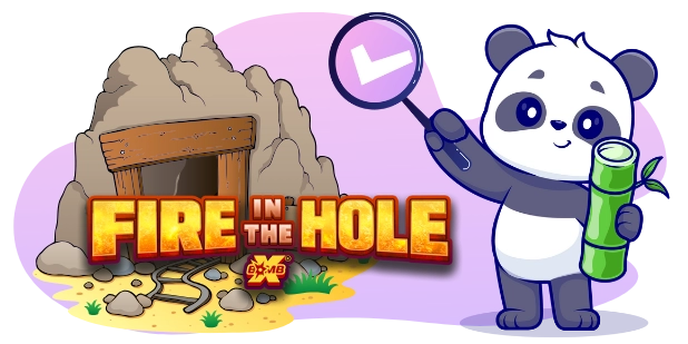 A cartoon panda holds a magnifying glass with a checkmark and a bamboo stalk, next to a "FIRE IN THE HOLE xBomb" logo and a mine entrance.