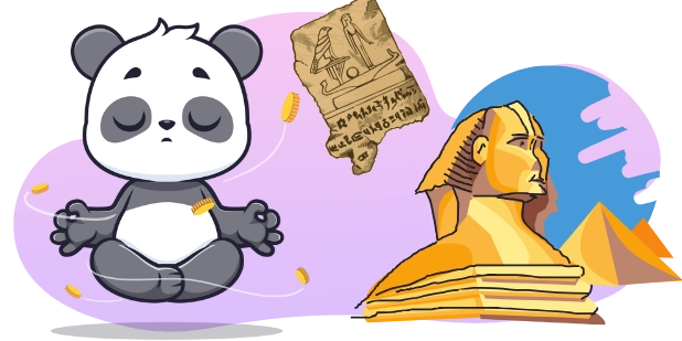 A cartoon panda meditates in a lotus position with floating gold coins, beside a weathered parchment with Egyptian hieroglyphs and a golden sphinx statue, with pyramids in the background, all against a gray and purple backdrop.