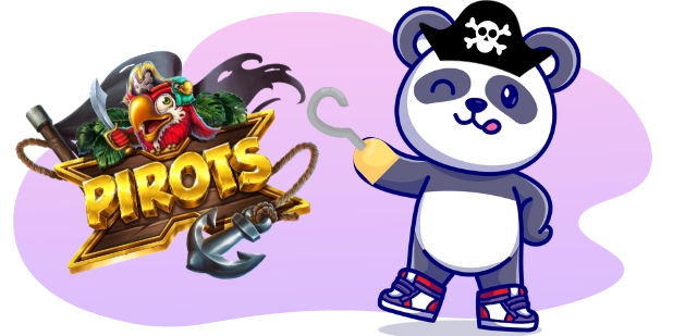 A cartoon panda wearing a pirate hat and a hook for a hand winks and gestures towards the "PIROTS" logo, which features a parrot with a pirate hat and eyepatch, along with crossed swords and an anchor, all against a gray and purple background.