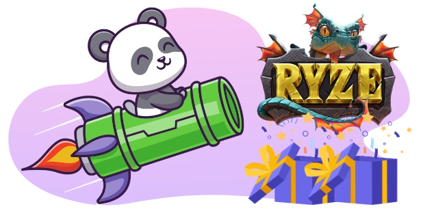 A cartoon panda with a happy expression rides a green rocket with purple and orange accents, leaving a trail of white puffs, while a dragon character looks out from behind a shield-shaped emblem that reads "RYZE", with two gift boxes wrapped in purple and gold ribbons below, all against a gray and purple background.