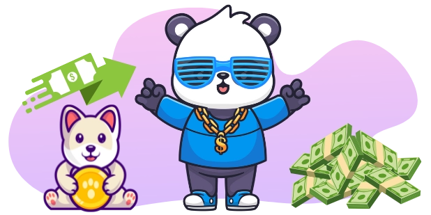 A cool panda in shades and a gold chain stands between a dog holding a coin and stacks of cash, with a rising arrow graphic.