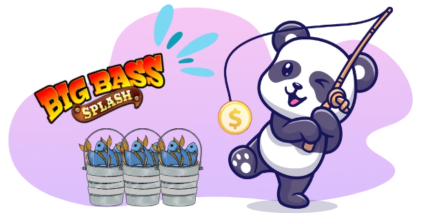 A cartoon panda winks and holds a fishing rod with a dollar sign on the line, standing next to three buckets full of fish and the "Big Bass Splash" logo, all against a gray and purple background with blue water splashes.