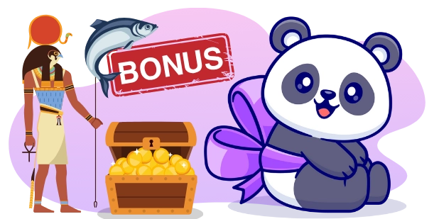 A cartoon panda with a happy expression sits beside a red "BONUS" sign, with a treasure chest full of gold coins below and a fish jumping over it, while a figure resembling an Egyptian god stands to the left, all against a gray and purple background.