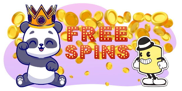 A cartoon panda wearing a golden crown sits with a happy expression, waving, next to a shower of gold coins and the text "FREE SPINS" in a bold, retro font, with a yellow character in a hat and shoes to the right, all against a gray and purple background.
