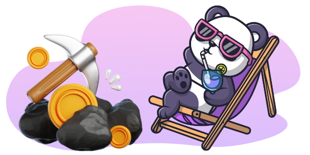 A cartoon panda wearing sunglasses relaxes in a beach chair with a drink, next to a pickaxe, gold coins, and coal.