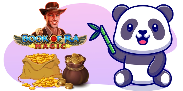 A cheerful cartoon panda holding bamboo sits beside the "Book of Ra Magic" logo, featuring an adventurer and bags of gold on a purple-pink gradient background.