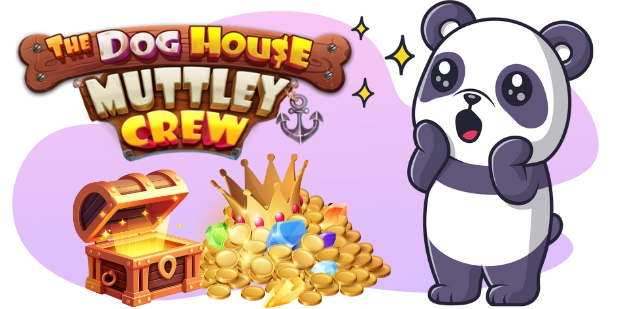 A cartoon panda expresses surprise with its hands to its cheeks, standing next to a treasure chest overflowing with gold coins, gems, and a golden crown, with "The Dog House Muttley Crew" logo above, against a gray and purple background with sparkling stars.