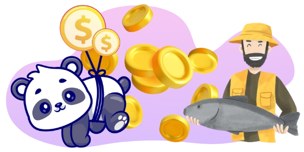 A cartoon-style digital illustration features a cute panda floating with the help of balloons adorned with dollar signs, a fisherman in a yellow vest and hat holding a large fish, and a scattering of gold coins in the background.