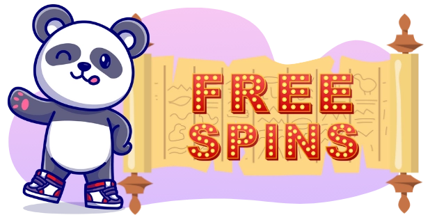 A cartoon panda winks and licks its lips while gesturing towards a parchment scroll that reads "FREE SPINS" in a bold, playful font, all against a gray and purple background.