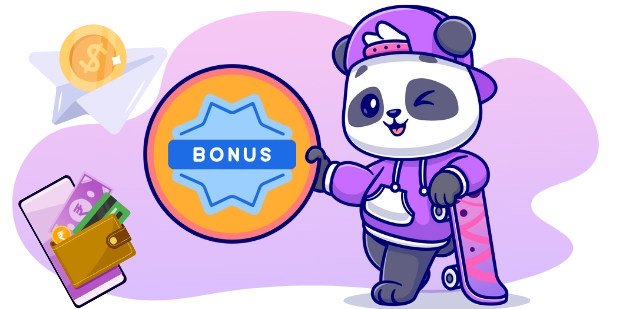 A cartoon panda in a purple hooded jacket and baseball cap winks, holding a skateboard, next to a round emblem with a blue starburst design and the text "BONUS", with a gold coin and a wallet with cards to the left, all against a gray and purple background.