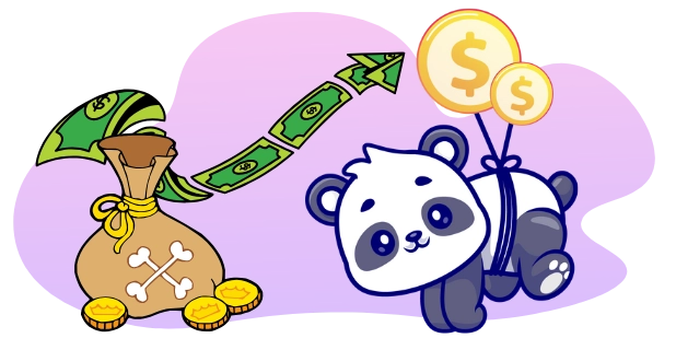 A cartoon panda walks towards a money bag with a green arrow showing growth.