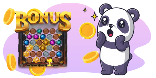 A cartoon panda with a surprised expression covers its mouth with its hands, with a gold coin on its head and two more floating beside it, next to a slot game interface with a "BONUS" message in gold letters and a grid of colorful symbols.