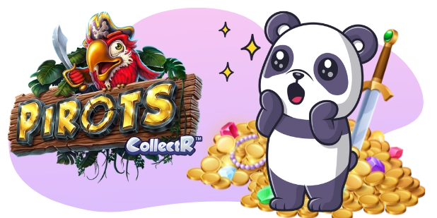 A cartoon panda with a surprised expression stands next to a pile of gold coins, gems, and a sword, with the "PIROTS" logo featuring a pirate parrot and the text "CollectR" visible.