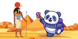 A cartoon Ra looks at a panda with backpack holding a butterfly.