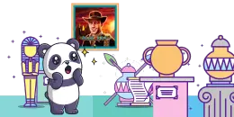 A cartoon panda with an open mouth stands surprised in a museum room with artifacts and a portrait of a man in a hat.