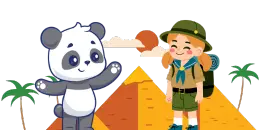 A cartoon scout smiles at a panda that smiles back in front of pyramids.