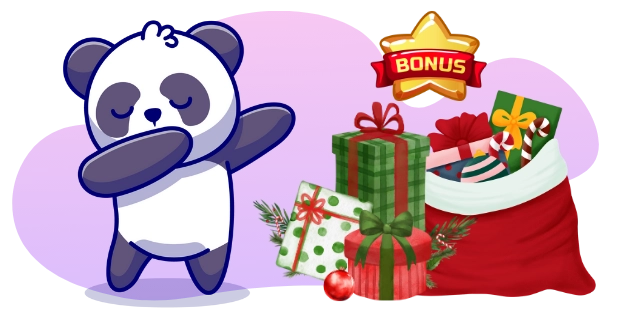 A cute panda dabbing with its left arm while closing its eyes, standing next to a red sack overflowing with Christmas gifts and a yellow star with a red ribbon that reads "BONUS", all against a gray and purple background.