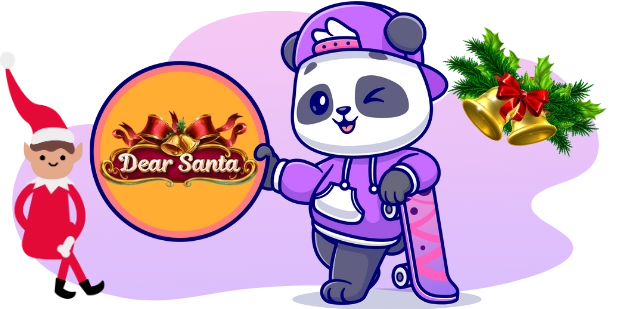 A cartoon panda in a purple hooded jacket and baseball cap winks and holds a skateboard, next to a circular emblem with a red ribbon and gold bells that reads "Dear Santa", with a small elf to the left and a sprig of pine needles with gold bells to the right, all against a gray and purple background.
