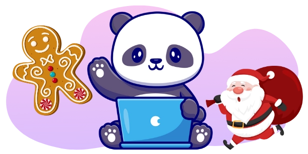 A cartoon panda sits with a laptop, waving, beside a gingerbread man and a running Santa Claus carrying a sack, all against a gray and purple background.