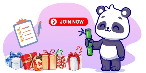 A cartoon panda with a happy expression holds a bamboo stalk, beside a red "JOIN NOW" button and a clipboard with a checklist, with several Christmas gift boxes and candy canes in the foreground, all against a gray and purple background.