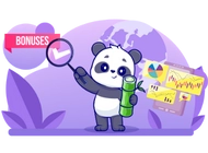 A cartoon panda holding a magnifying glass and a rolled-up scroll, examining charts and graphs labeled