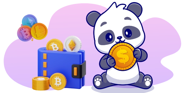A cartoon panda sits holding a large gold coin with a dollar sign, next to a blue wallet overflowing with various cryptocurrency coins against a purple splattered background.